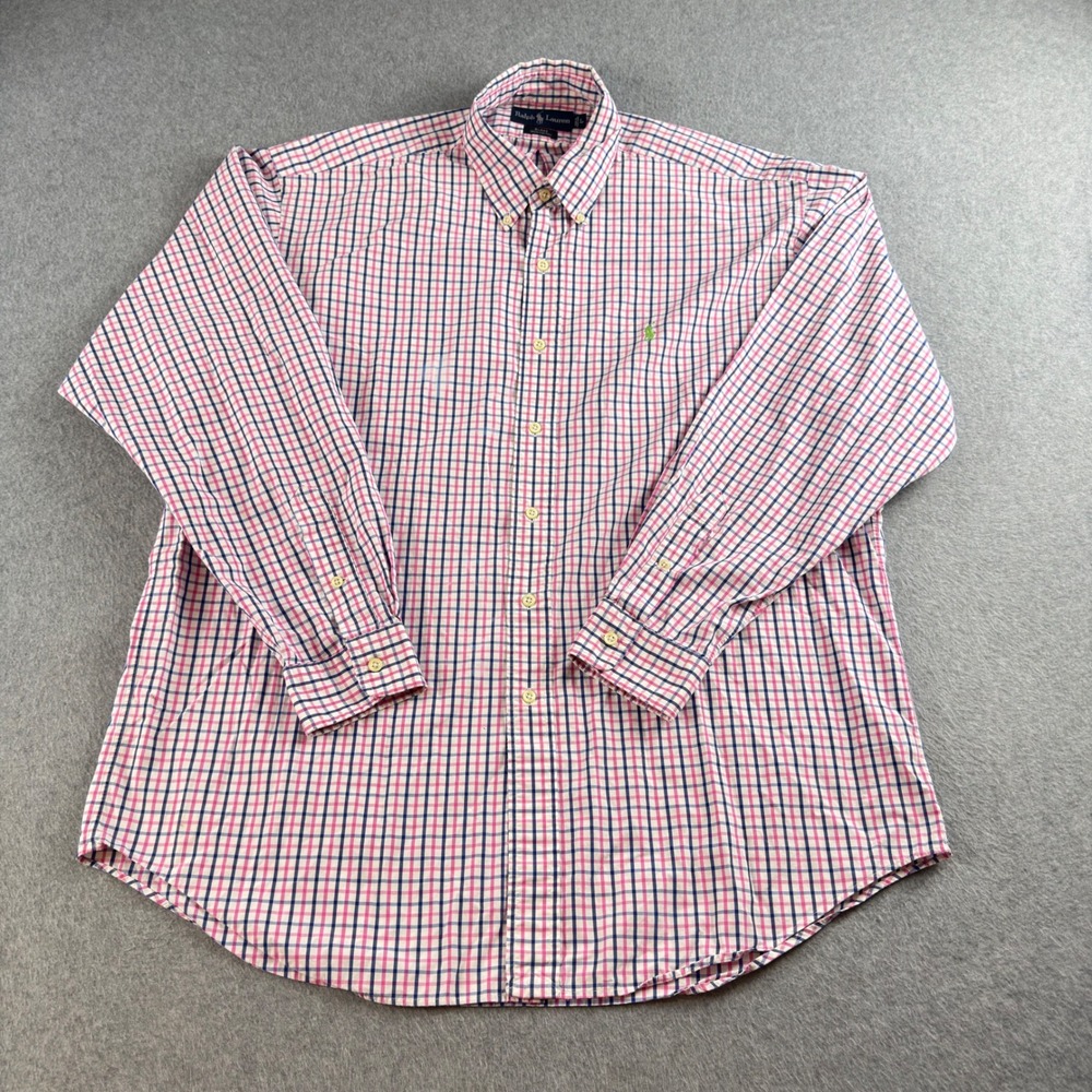 Vintage 90s Polo Ralph Lauren Blake Shirt L Pink Blue Plaid Hong Kong Pony NOTE